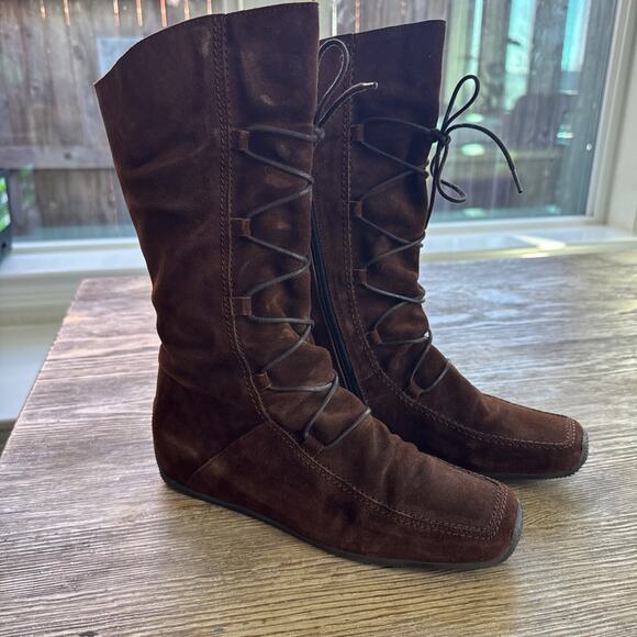 Elle Brown Chestnut Suede Womens Size 7-7.5 Boot Lace Up Square Toe Mid Calf - Picture 2 of 8